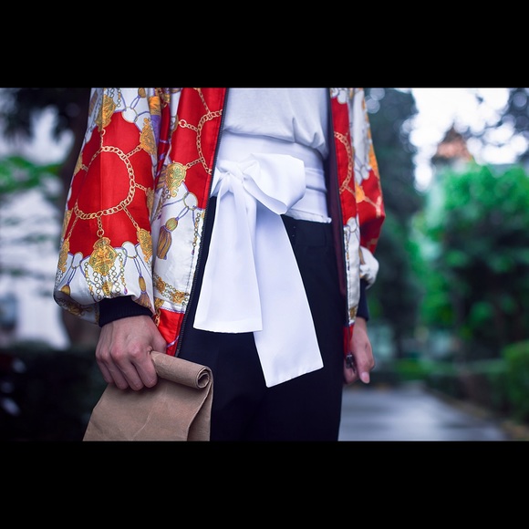 WDNY Scarf Print Satin Bomber Jacket S - Picture 6 of 8